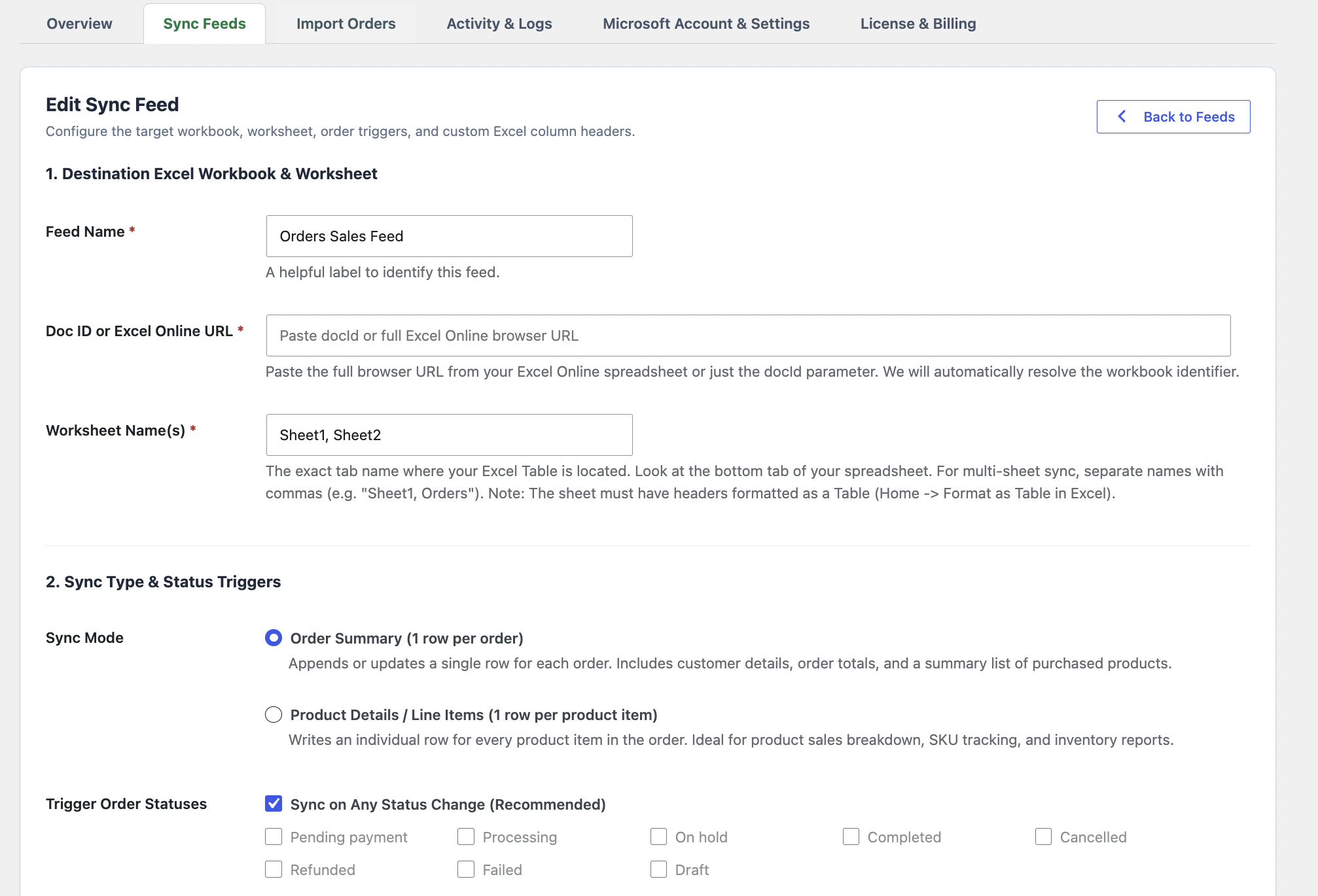 Configure WooCommerce to Excel Sync Feed