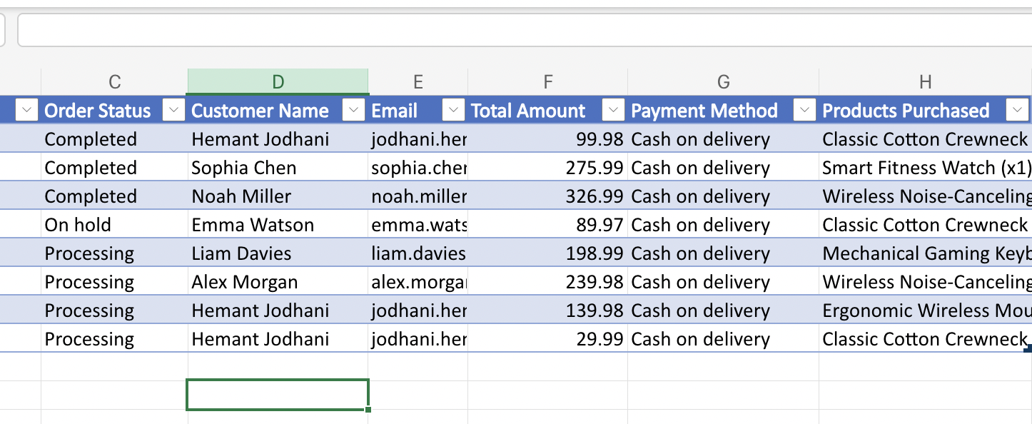 Real-Time Synced Orders in Microsoft Excel Online Table